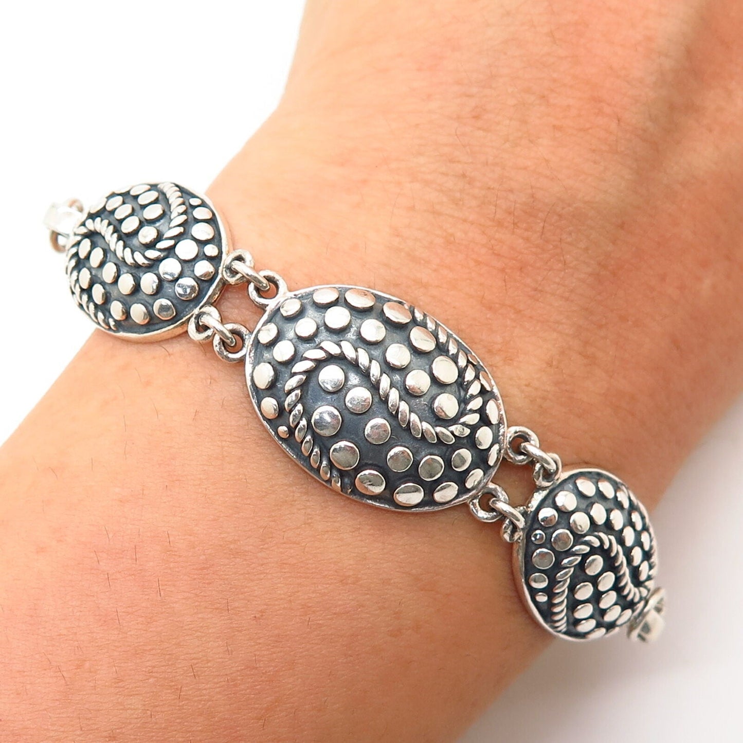 925 Sterling Silver Dragon Scale Design Link Bracelet 7"