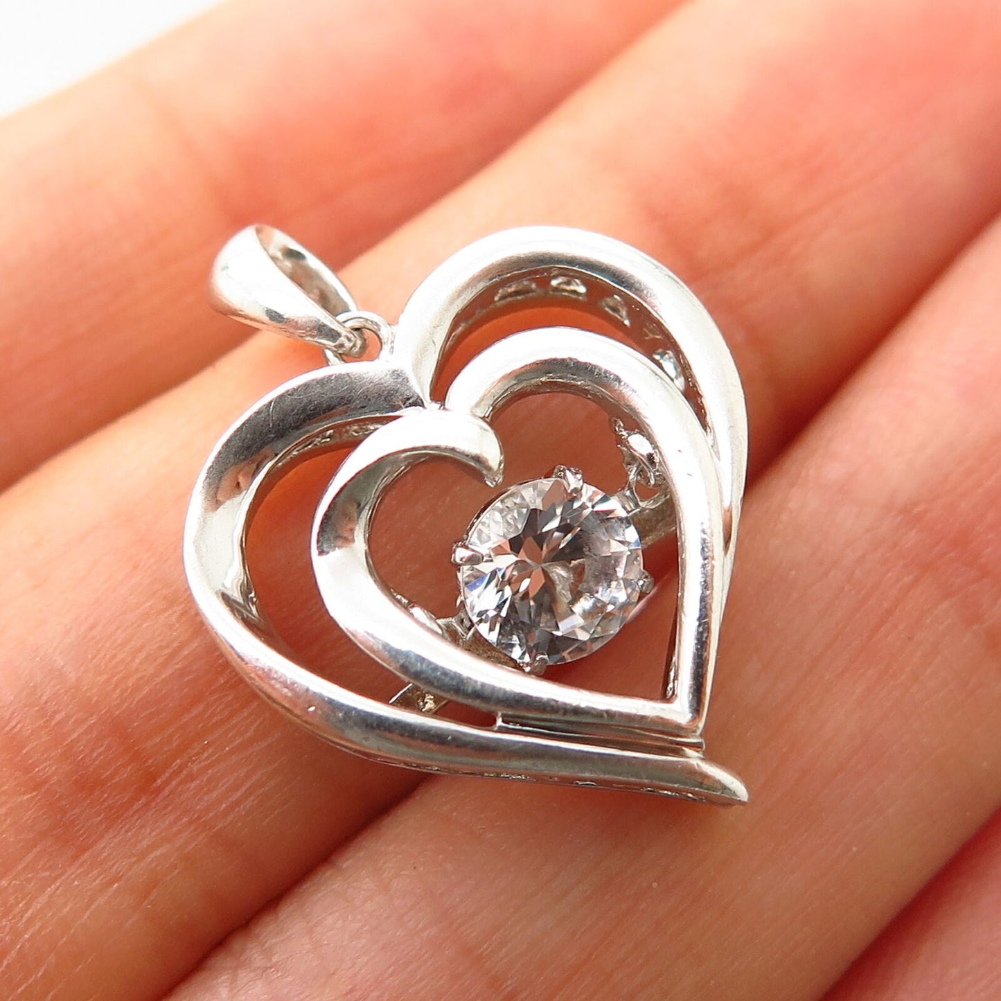 925 Sterling Silver C Z Double Heart Design Pendant