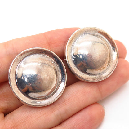 925 Sterling Silver Vintage Hollow Modernist Domed Design Clip On Earrings