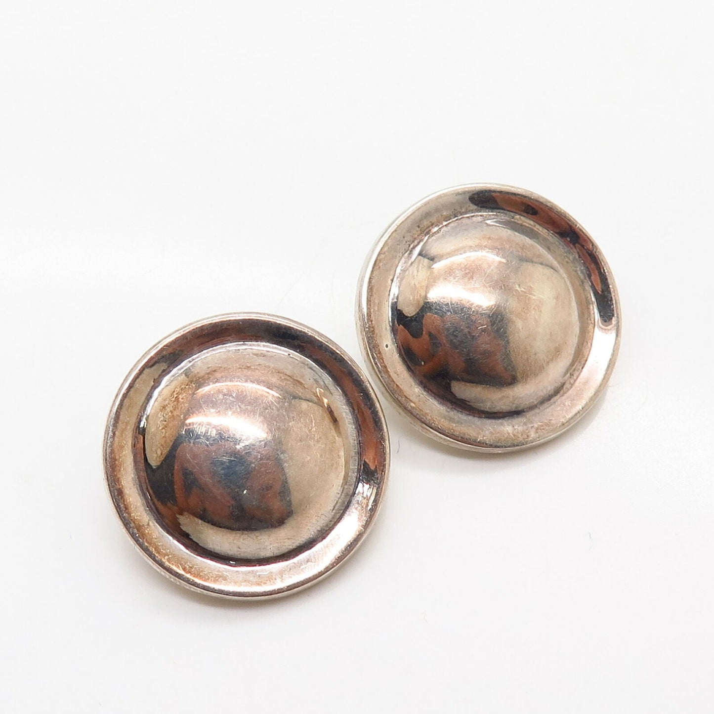 925 Sterling Silver Vintage Hollow Modernist Domed Design Clip On Earrings