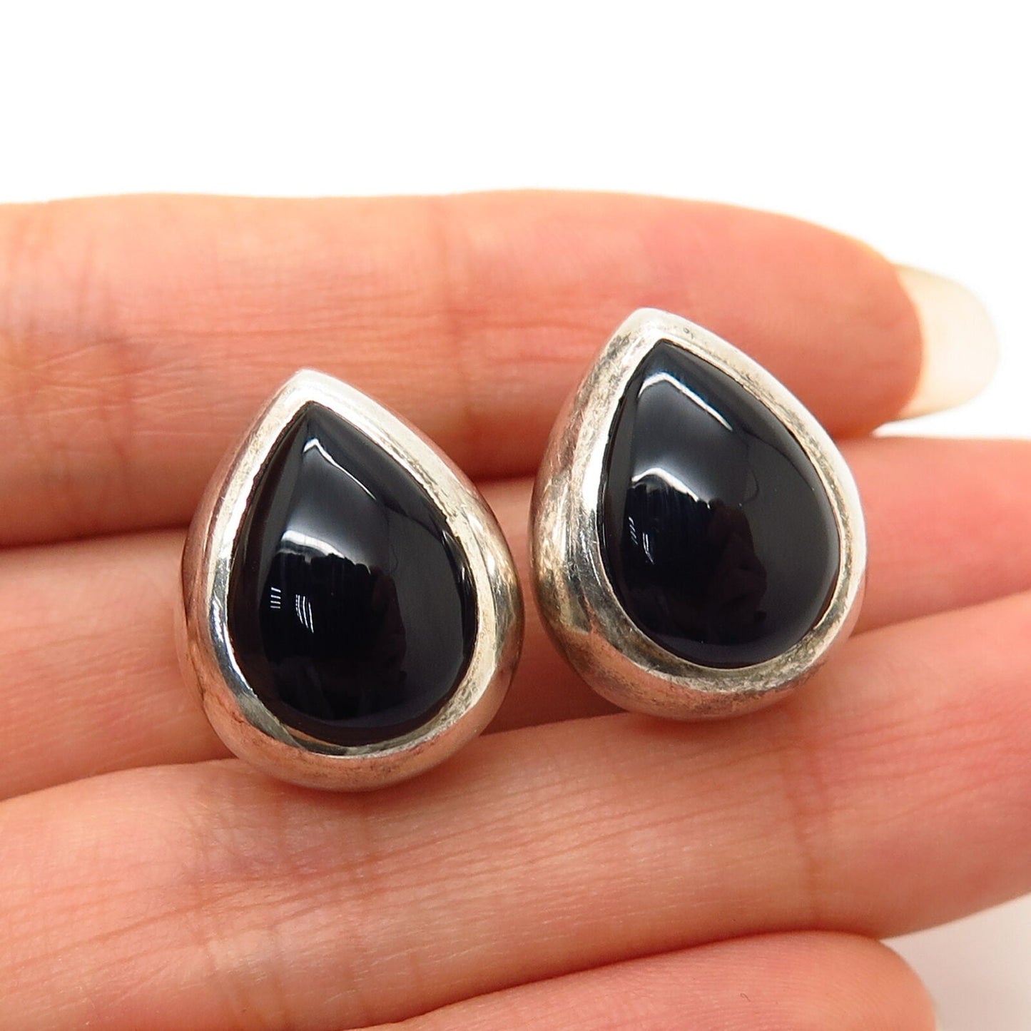 925 Sterling Silver Real Black Onyx Gemstone Teardrop Design Earrings