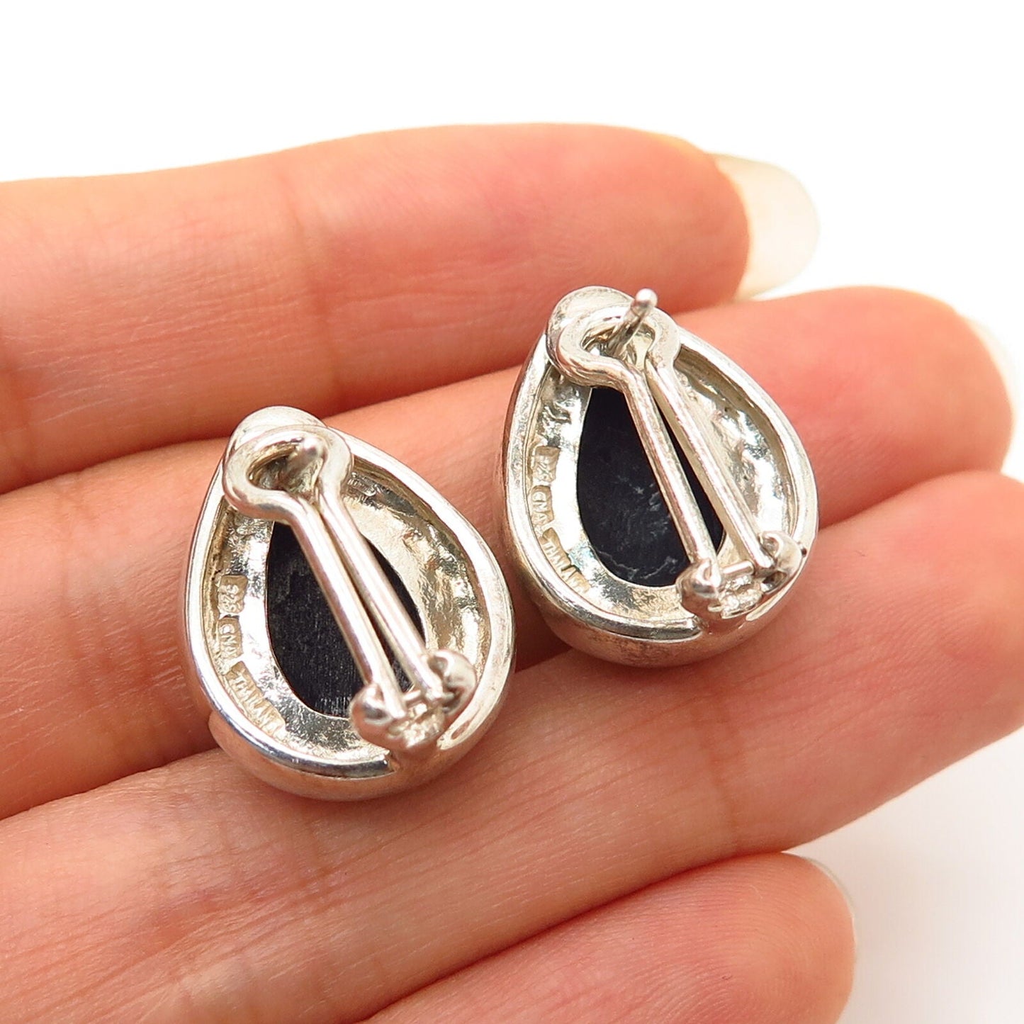 925 Sterling Silver Real Black Onyx Gemstone Teardrop Design Earrings