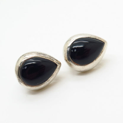 925 Sterling Silver Real Black Onyx Gemstone Teardrop Design Earrings