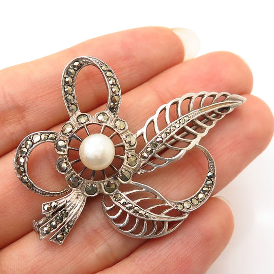 800 Silver Antique Art-Deco France Marcasite Gem & Faux Pearl Floral Pin Brooch