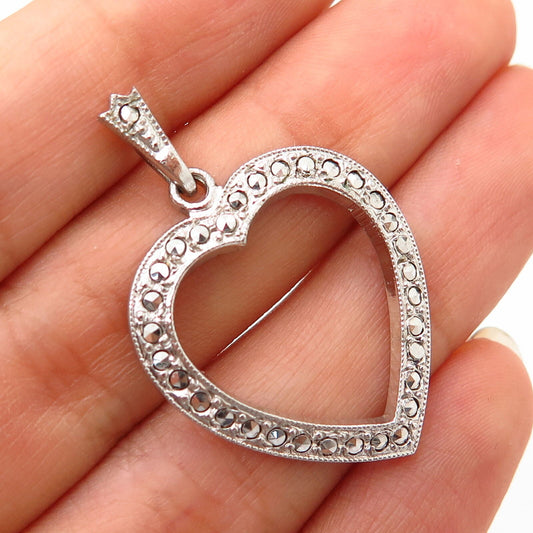 925 Sterling Silver Vintage Theda Real Marcasite Gem Open Heart Pendant