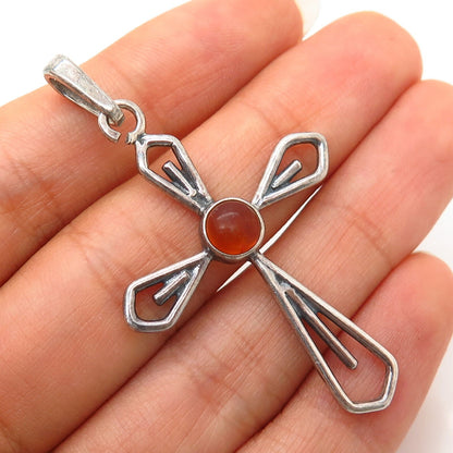 925 Sterling Silver Vintage Real Amber Cross Pendant