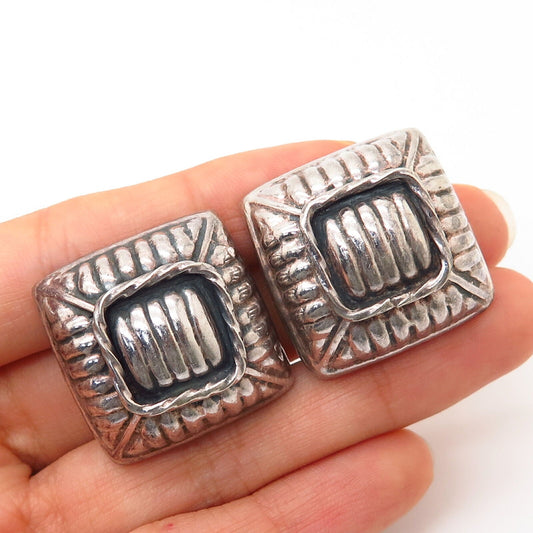 925 Sterling Silver Vintage Hollow Modernist Design Clip On Earrings