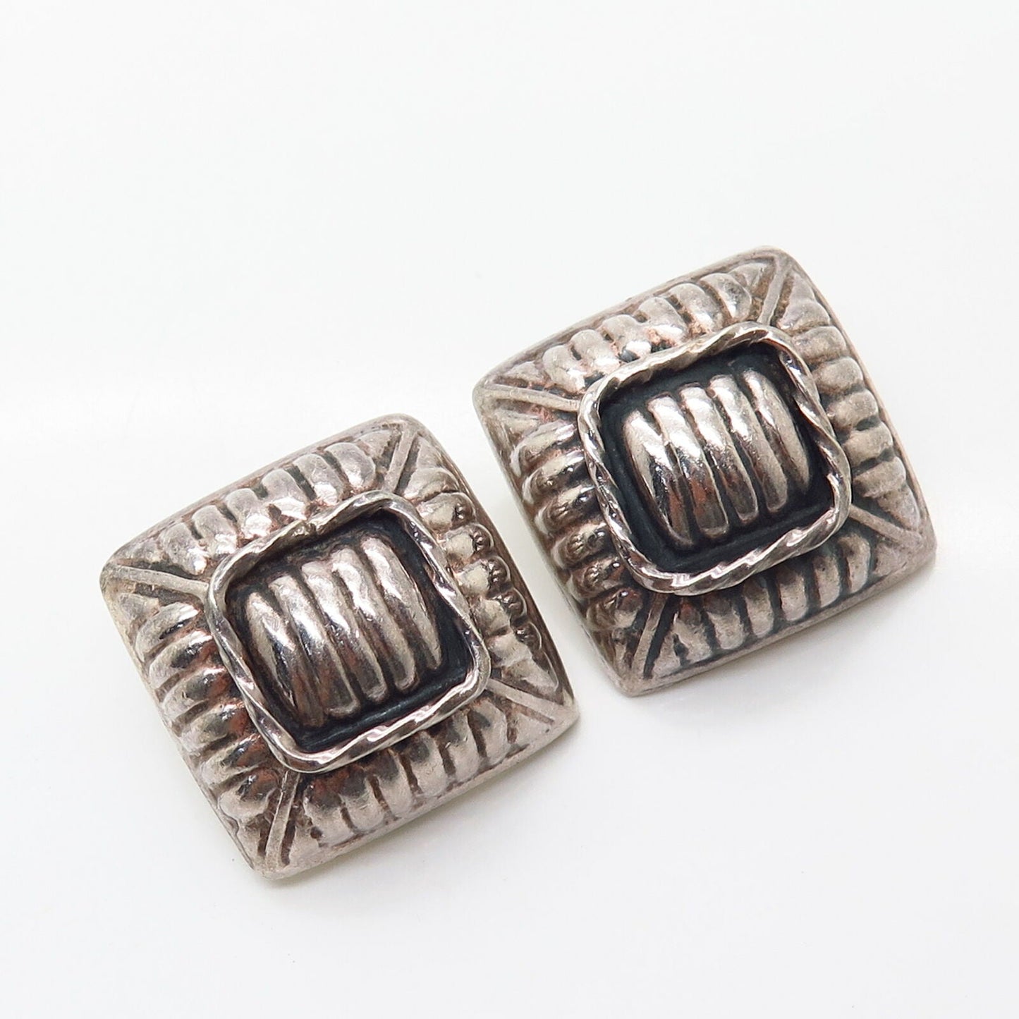 925 Sterling Silver Vintage Hollow Modernist Design Clip On Earrings