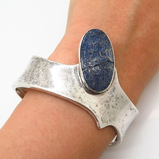 925 Sterling Silver Vintage Sodalite Gem Modernist Design Cuff Bracelet 6 1/4"