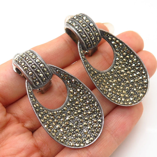 925 Sterling Silver Vintage Marcasite Gem Door Knocker Design Clip On Earrings