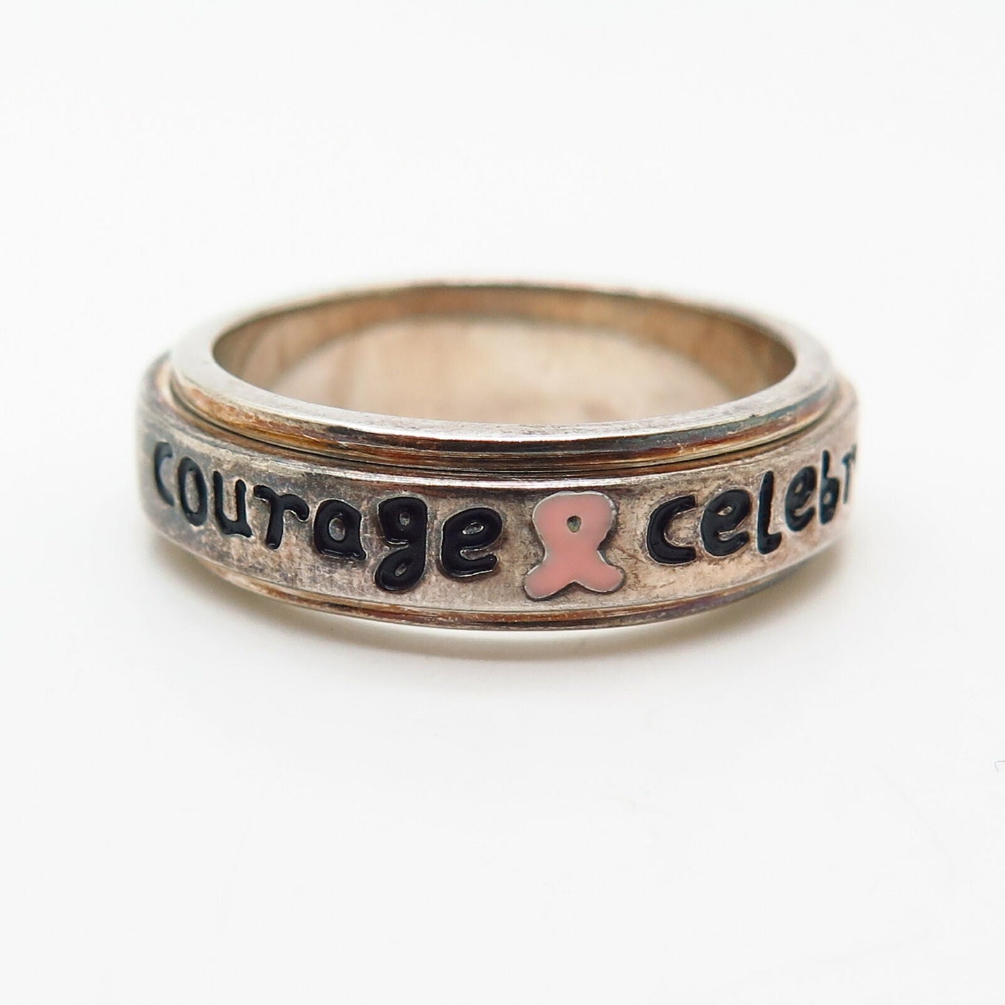 925 Sterling Silver Enamel "Celebrate Courage" Rotating Band Ring Size 9