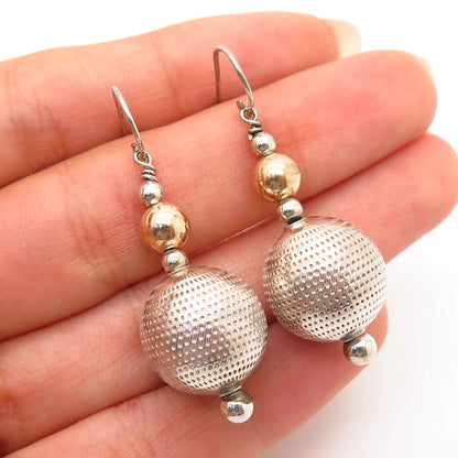 925 Sterling Silver 2-Tone Hollow Disco Ball Design Dangling Earrings