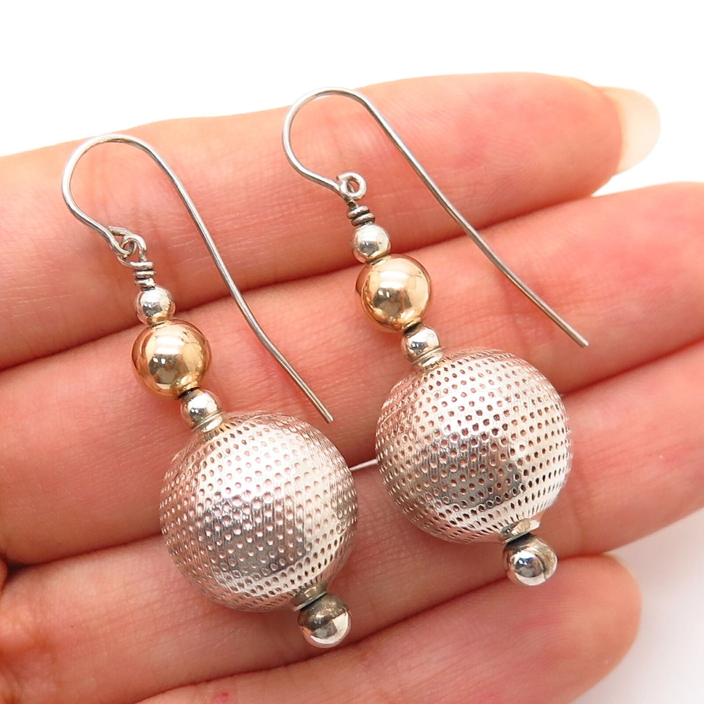 925 Sterling Silver 2-Tone Hollow Disco Ball Design Dangling Earrings