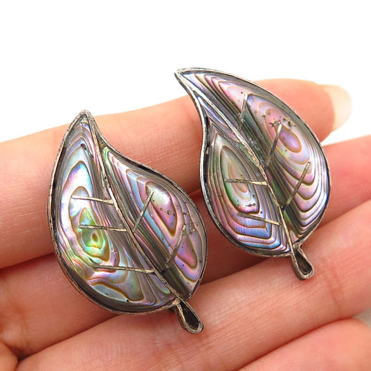 925 Sterling Silver Vintage Mexico Real Abalone Leaf Design Screw Back Earrings