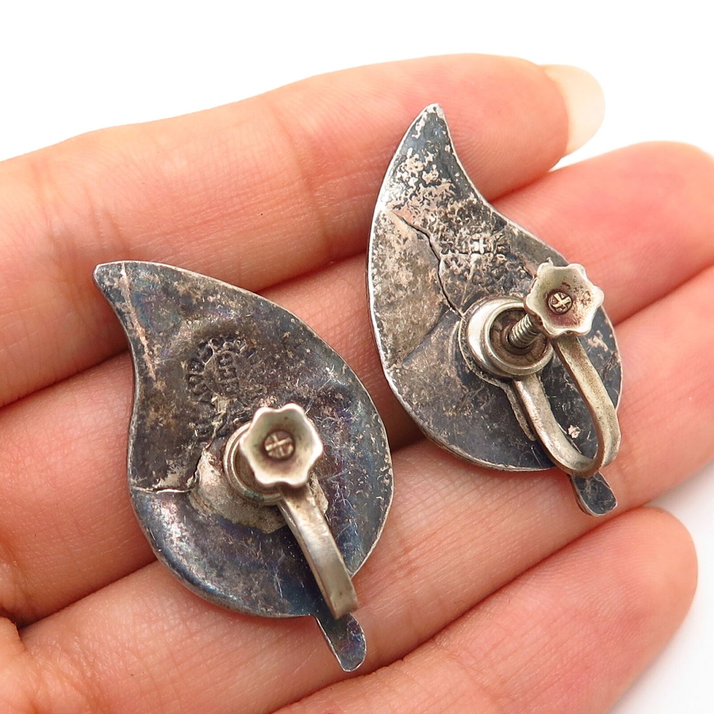 925 Sterling Silver Vintage Mexico Real Abalone Leaf Design Screw Back Earrings