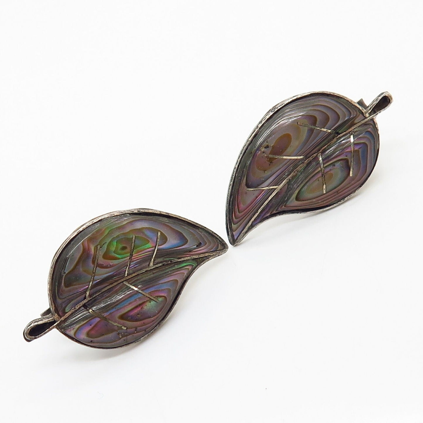 925 Sterling Silver Vintage Mexico Real Abalone Leaf Design Screw Back Earrings