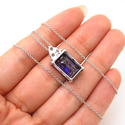 925 Sterling Silver Italy White & Violet-Tone C Z Pendant Chain Necklace 15"