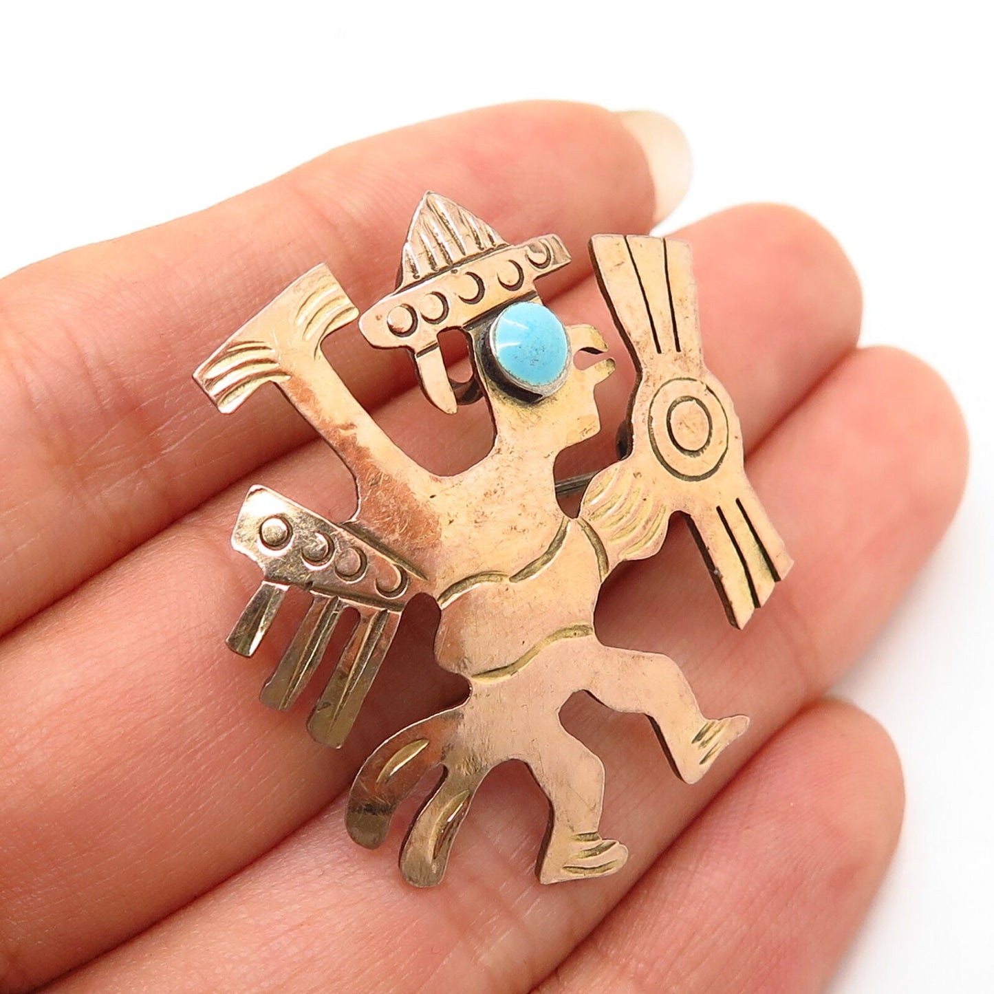 925 Sterling / 18K Vintage Turquoise Gem Tribal Warrior Pin Brooch / Pendant