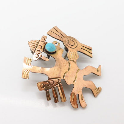 925 Sterling / 18K Vintage Turquoise Gem Tribal Warrior Pin Brooch / Pendant