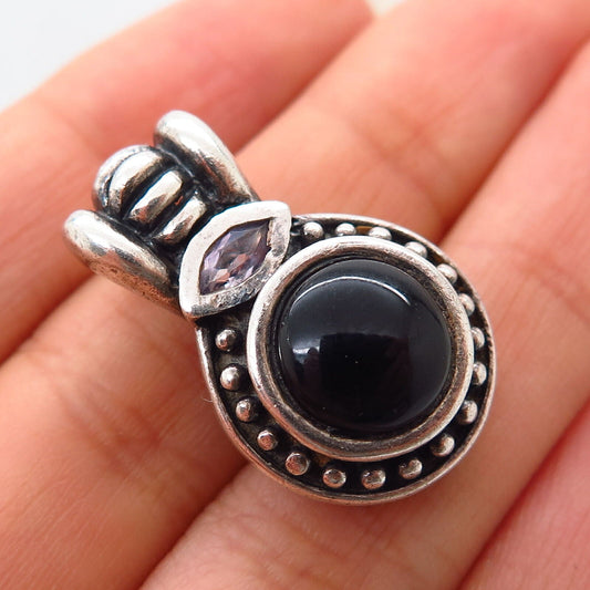 925 Sterling Silver Real Black Onyx & Amethyst Gem Pendant