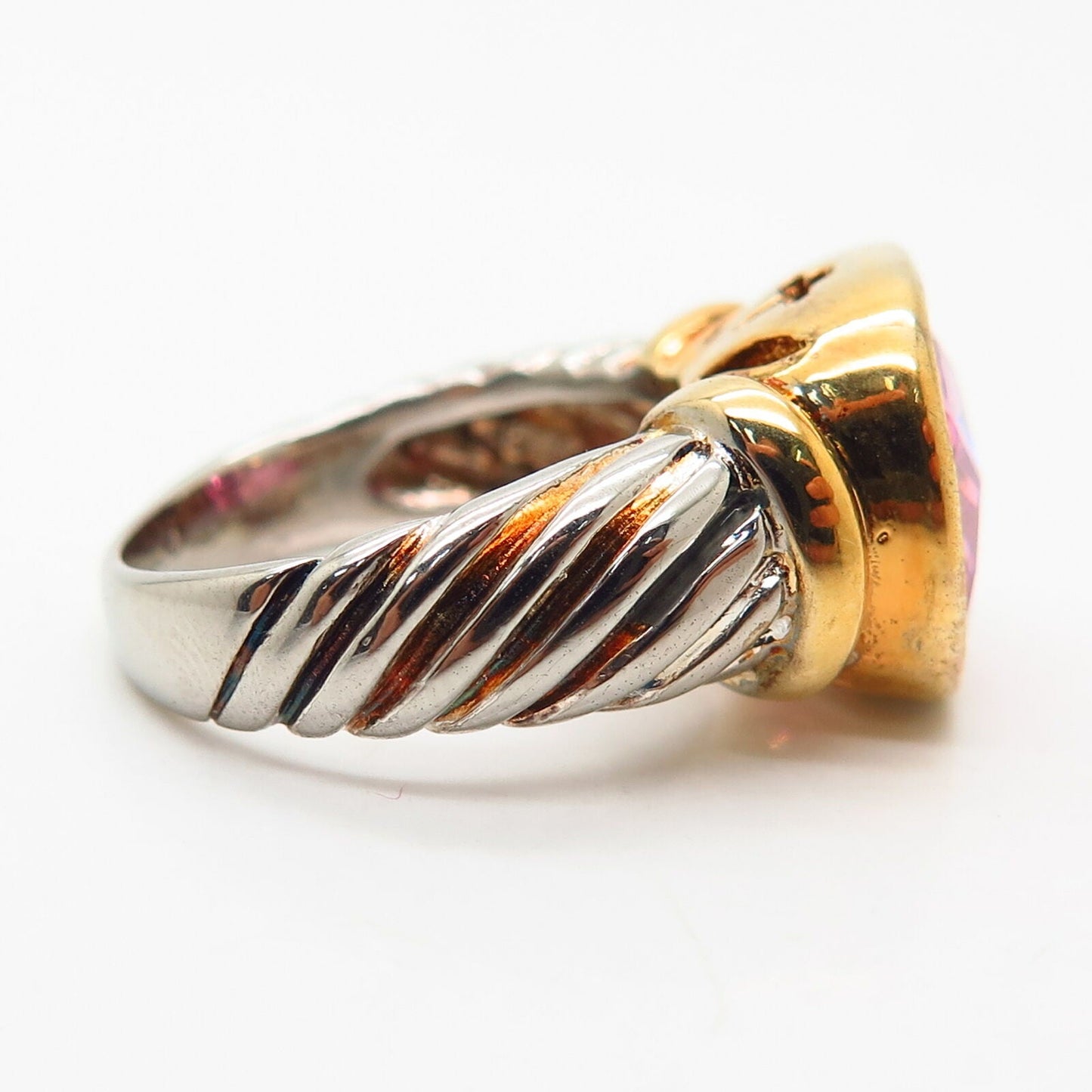 925 Sterling Silver 2-Tone Morganite-Tone C Z Twisted Design Ring Size 6