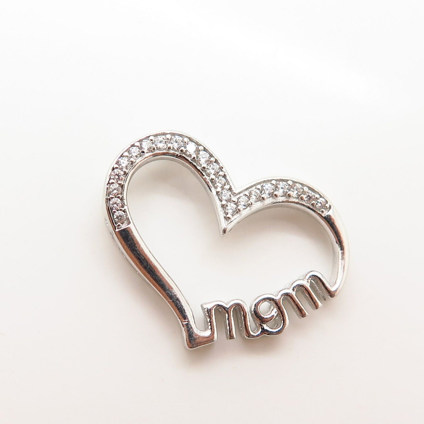 925 Sterling Silver C Z "Mom" Open Heart Design Pendant