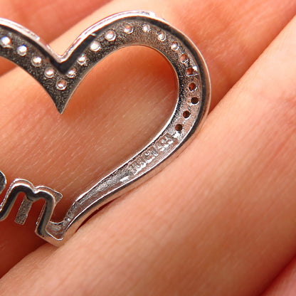 925 Sterling Silver C Z "Mom" Open Heart Design Pendant