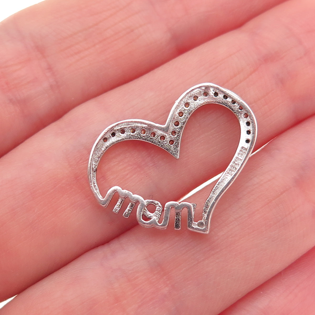 925 Sterling Silver Round-Cut C Z Mom Heart Mini Slide Charm Pendant