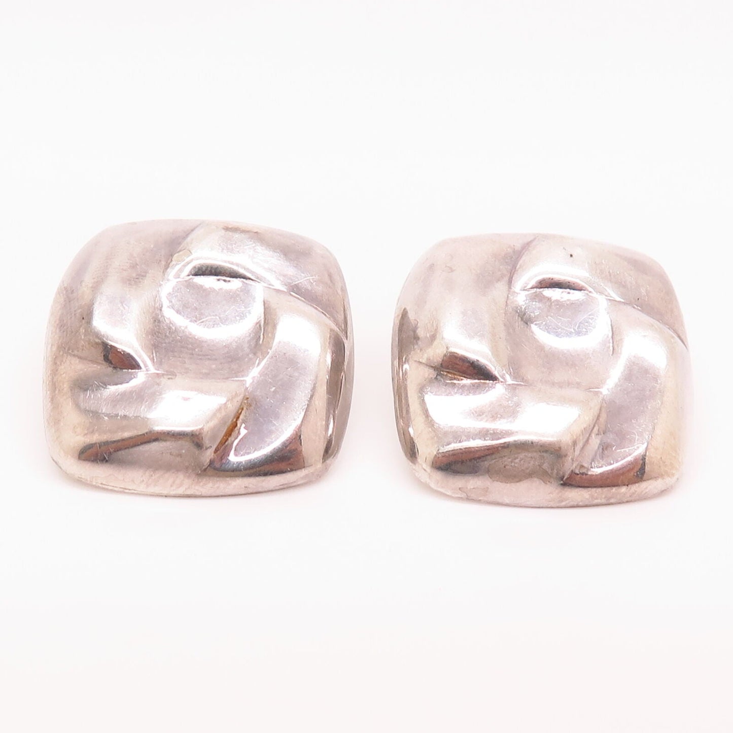 925 Sterling Silver Vintage Hollow Wrinkled Square Design Earrings