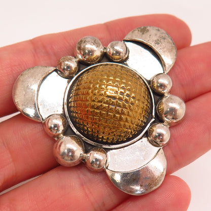 925 Sterling 2-Tone Vintage Mexico Modernist Domed Design Pin Brooch / Pendant