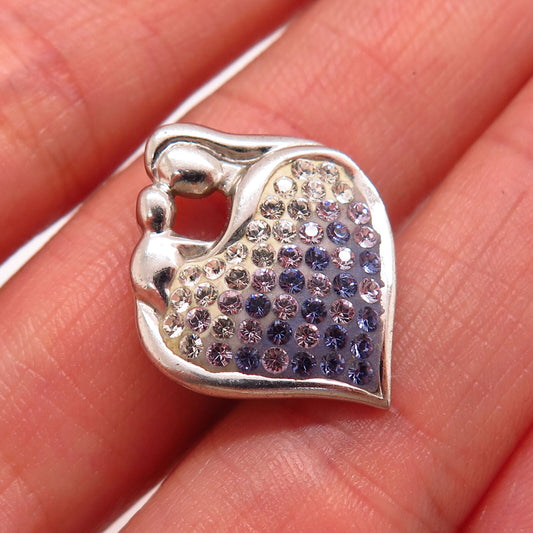 925 Sterling Silver Multi-Color C Z Mother & Child Heart Design Slide Pendant