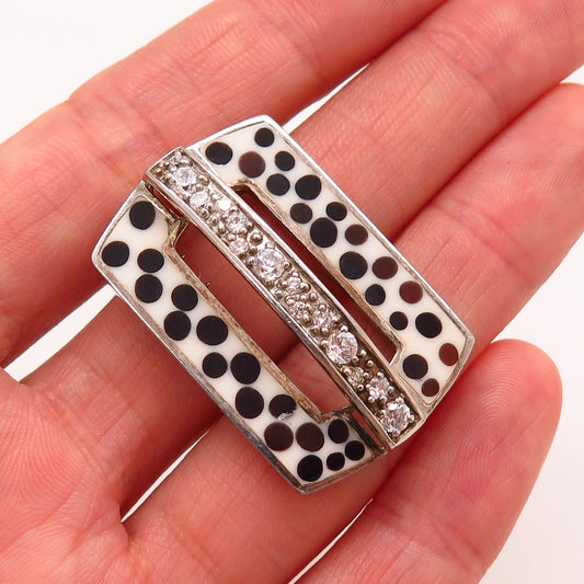 925 Sterling Silver Enamel & C Z Rectangle Dots Design Slide Pendant