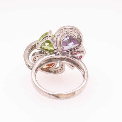 925 Sterling Silver Multi-Color C Z Floral Design Statement Ring Size 8