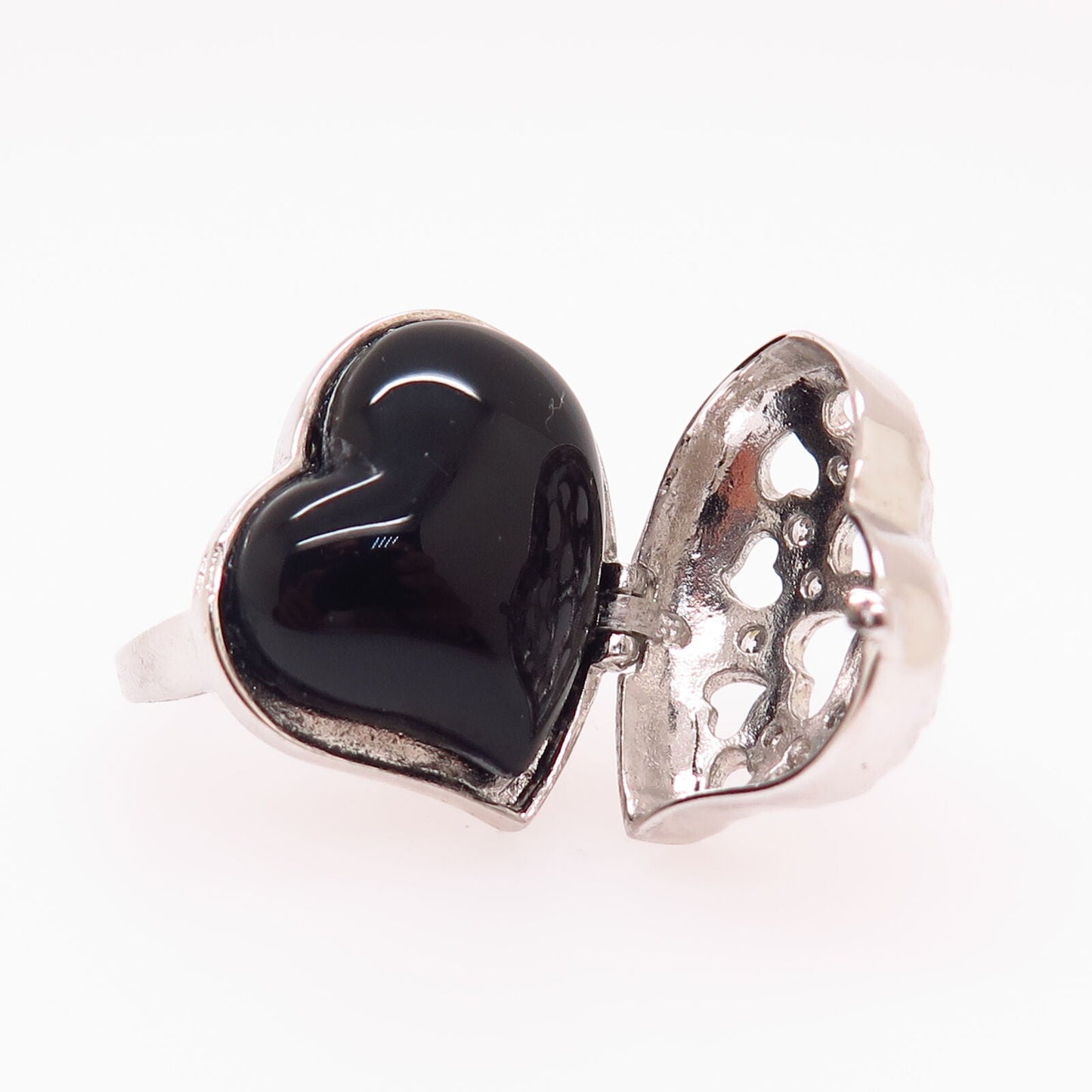 925 Sterling Silver Real Large Black Onyx Gem Ornate Heart Design Ring Size 7