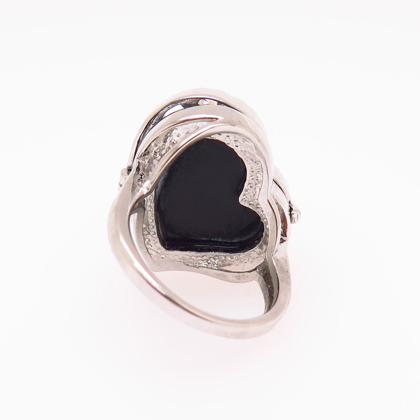 925 Sterling Silver Real Large Black Onyx Gem Ornate Heart Design Ring Size 7