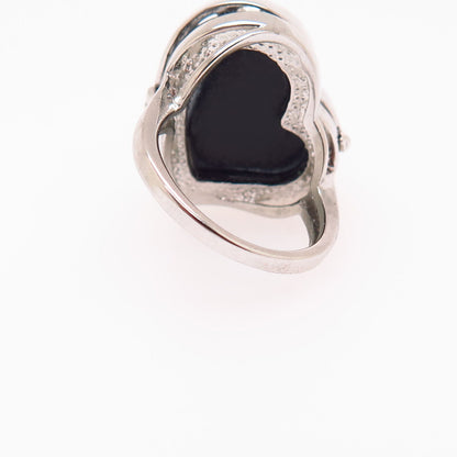 925 Sterling Silver Real Large Black Onyx Gem Ornate Heart Design Ring Size 7