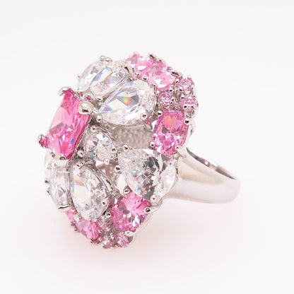 925 Sterling Silver White & Morganite-Tone C Z Floral Wide Cocktail Ring Size 8