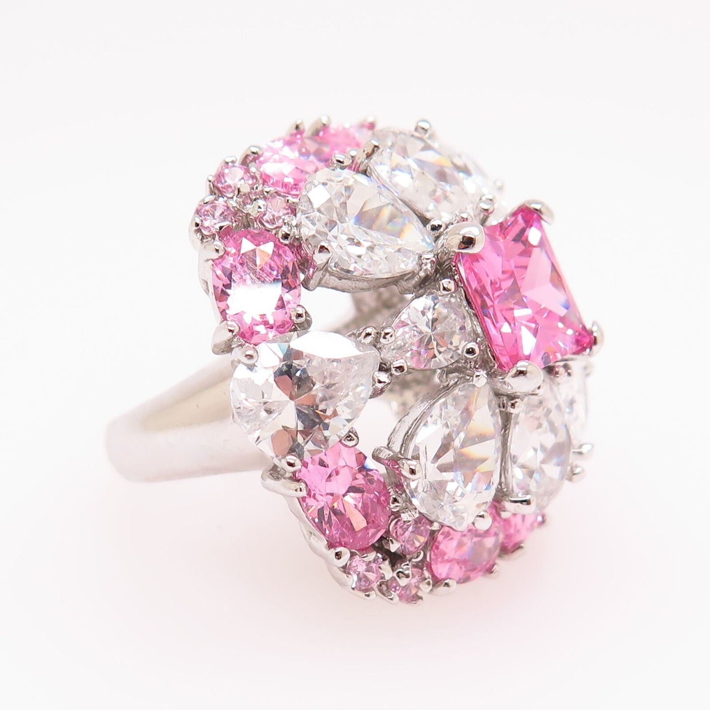 925 Sterling Silver White & Morganite-Tone C Z Floral Wide Cocktail Ring Size 8