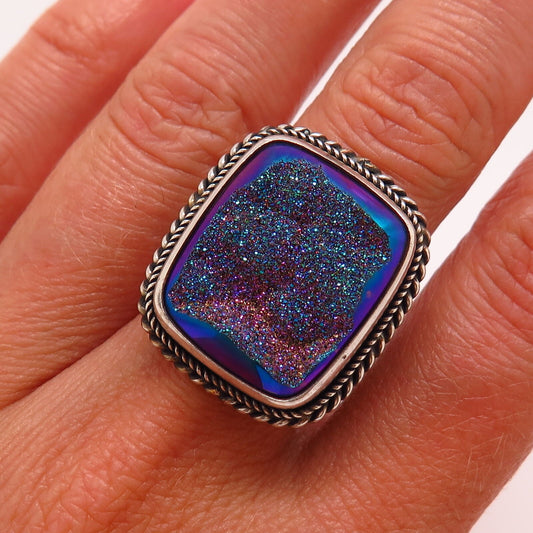 925 Sterling Silver Druzy Statement Ring Size 6 3/4