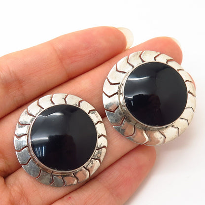 925 Sterling Silver Vintage Mexico Black Onyx Gem Statement Earrings