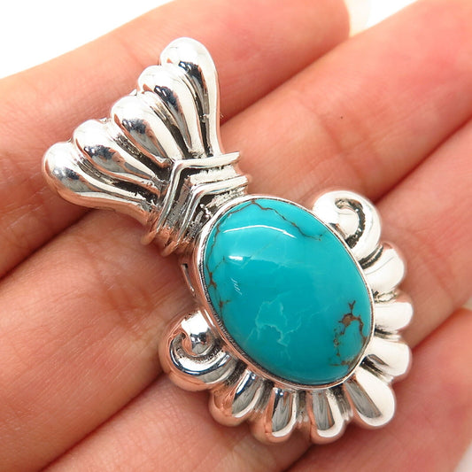 925 Sterling Silver Real Turquoise Gemstone Ribbed Design Slide Pendant