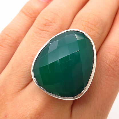 925 Sterling Silver Real Green Chalcedony Gem Wide Cocktail Ring Size 7