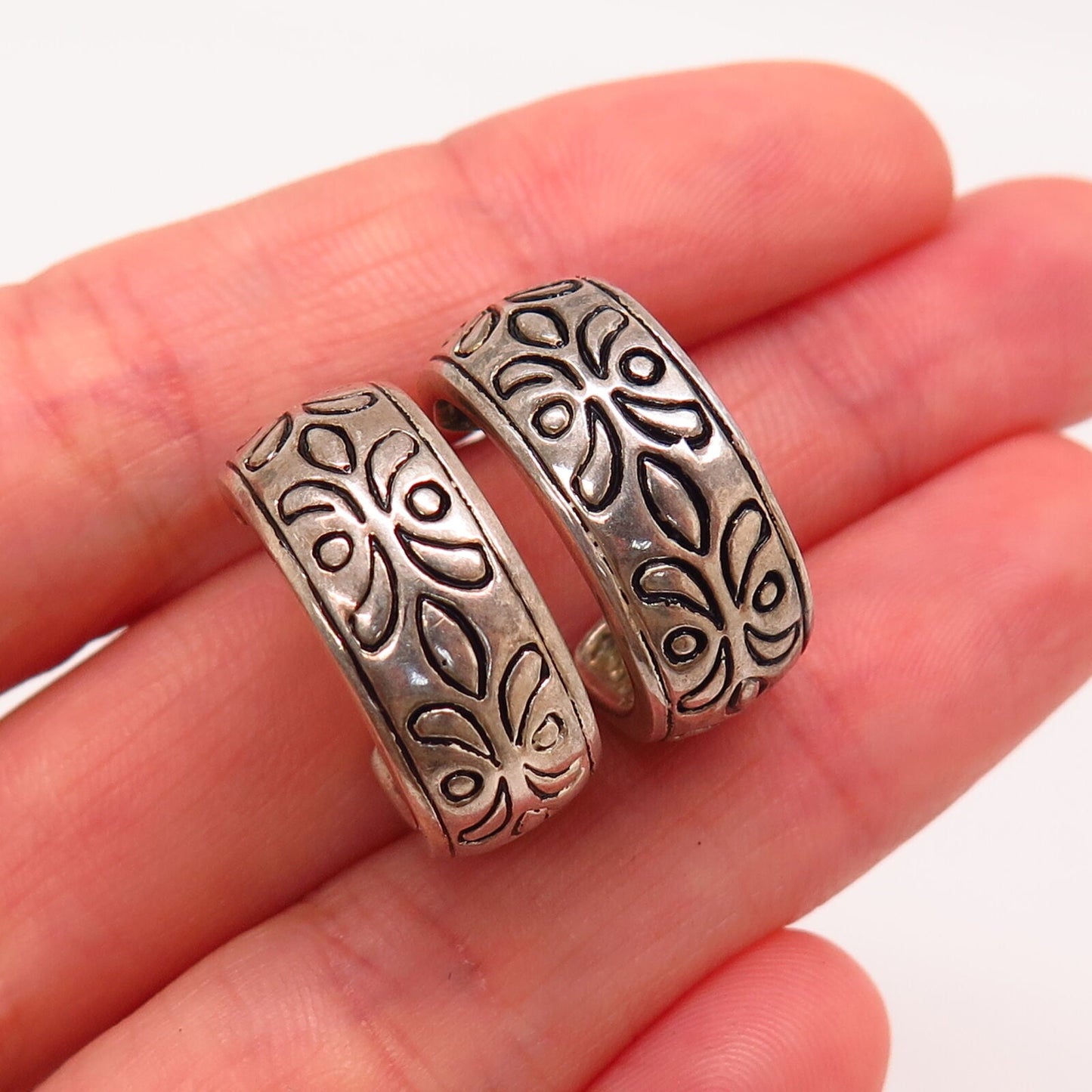 925 Sterling Silver Floral Design Half Hoop Earrings