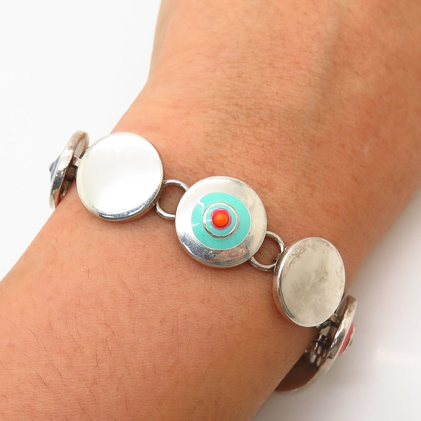 925 Sterling Silver Colorful Enamel Fancy Disk Design Link Bracelet 6 1/4"