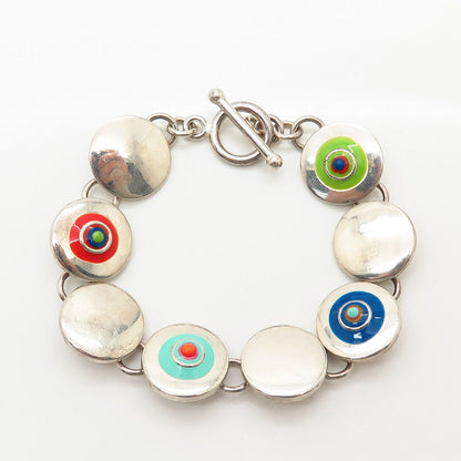 925 Sterling Silver Colorful Enamel Fancy Disk Design Link Bracelet 6 1/4"