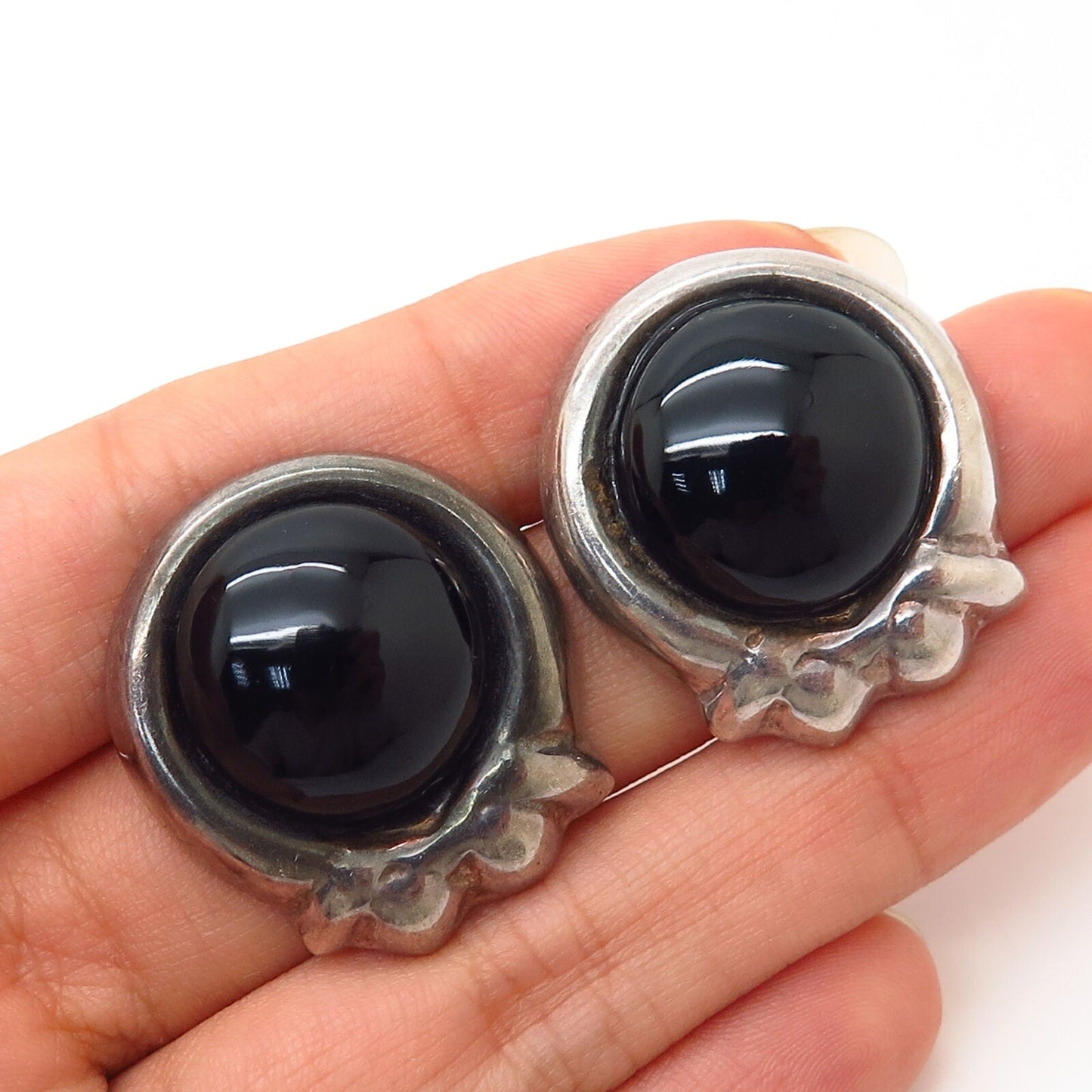 925 Sterling Silver Vintage Mexico Real Black Onyx Gem Earrings