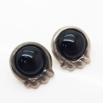 925 Sterling Silver Vintage Mexico Real Black Onyx Gem Earrings