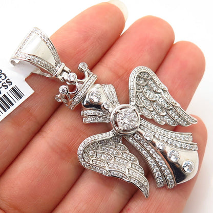 925 Sterling Silver Swarovski Crystal Angel w/ Wings & Crown Cross Pendant