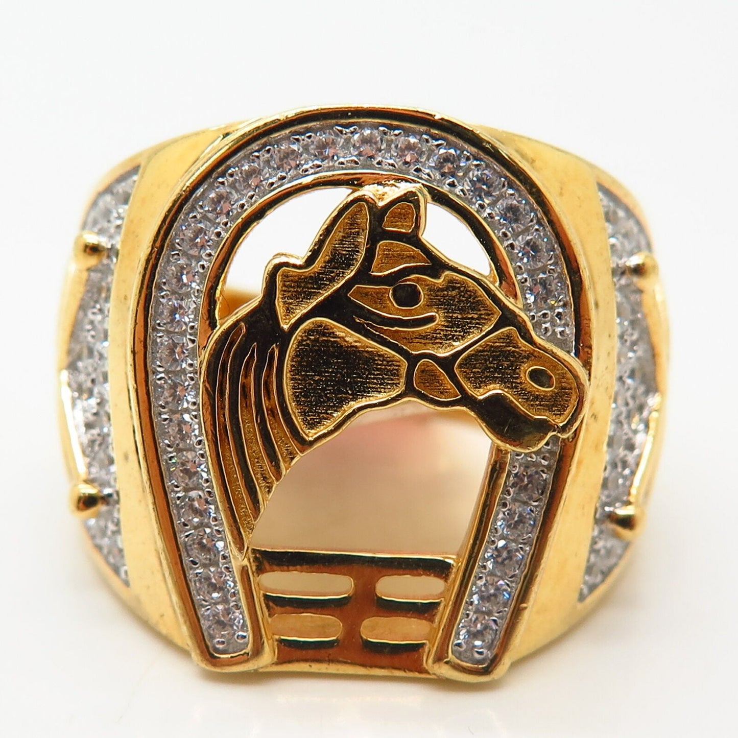 925 Sterling Gold Plated Swarovski Crystal Horse & Horseshoe Ring Size 11 1/4