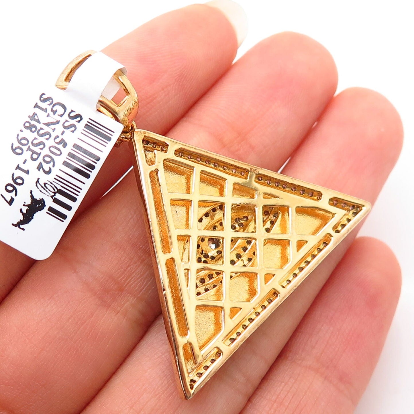 925 Sterling Gold Plated Swarovski Crystals Egyptian Pyramid w/ Evil Eye Pendant